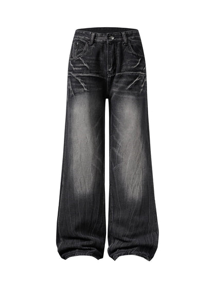 Washed Distressed Straight Jeans 