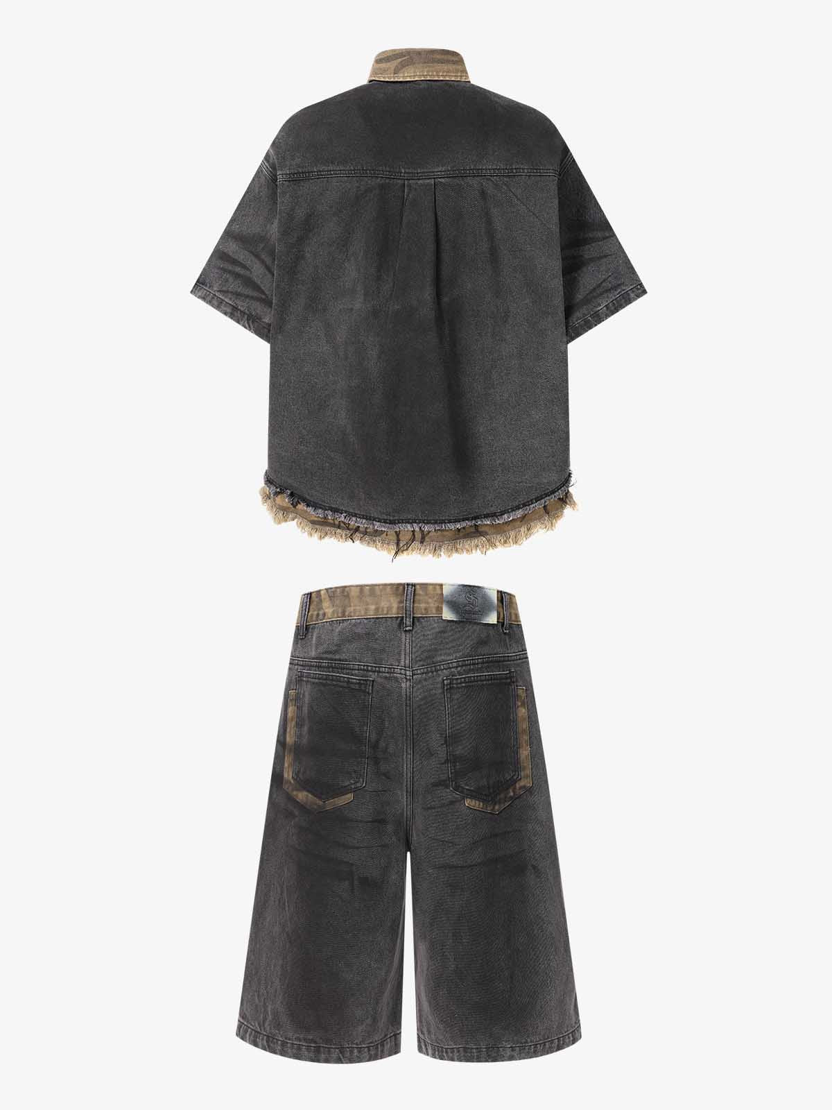 Camo-Trimmed Pleated Denim Utility Set 