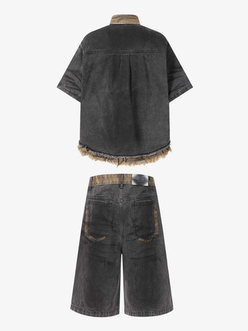 Camo-Trimmed Pleated Denim Utility Set 