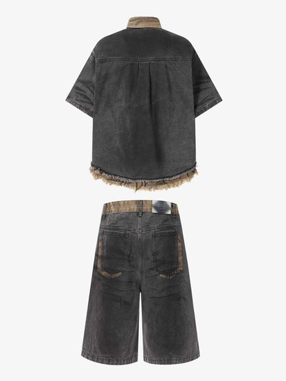 Camo-Trimmed Pleated Denim Utility Set 