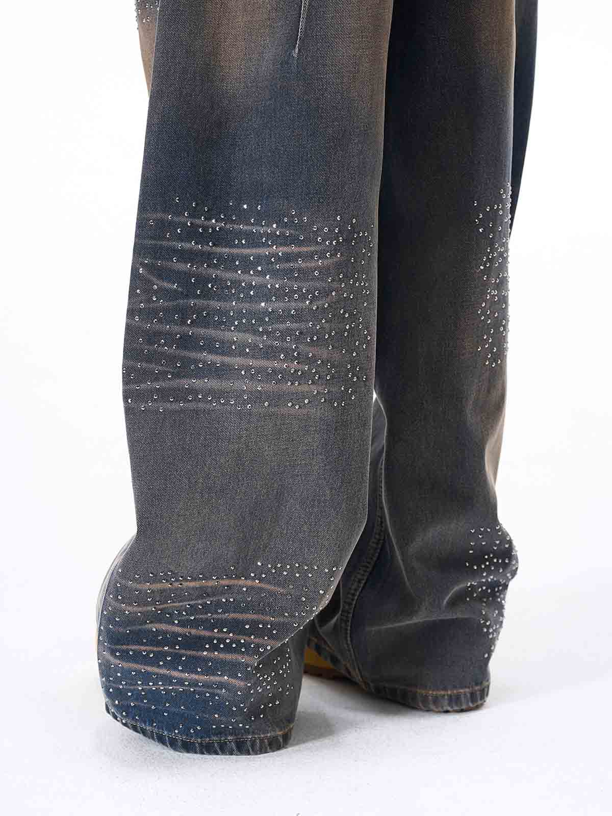 Gradient Wash Wide-Leg Jeans with Rhinestone Accents 