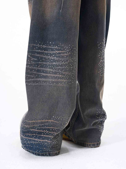 Gradient Wash Wide-Leg Jeans with Rhinestone Accents 