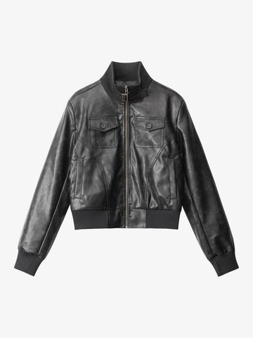 Thesupermade Faux Leather Cropped Fit Bomber Jacket