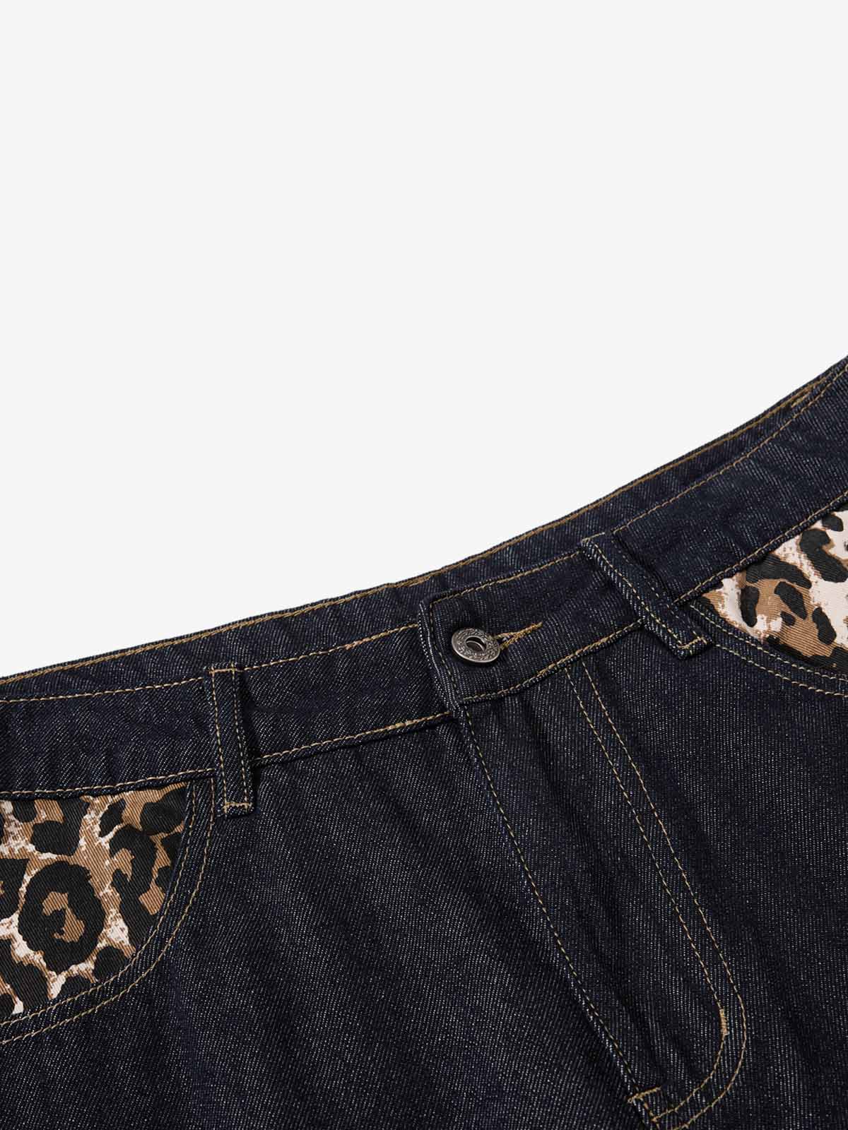 Thesupermade Raw Denim Star Leopard Patch Embroidery Baggy Jeans