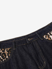 Thesupermade Raw Denim Star Leopard Patch Embroidery Baggy Jeans
