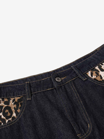 Thesupermade Raw Denim Star Leopard Patch Embroidery Baggy Jeans
