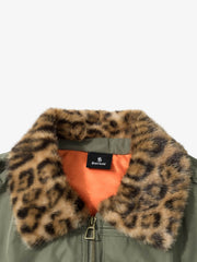 Leopard Faux-Fur Collar Button-Front Padded Coat