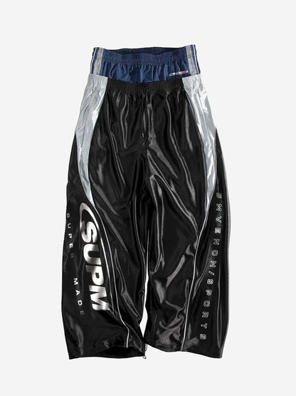 Glossy Silver-Grey Patchwork Double-Waist Track Pants