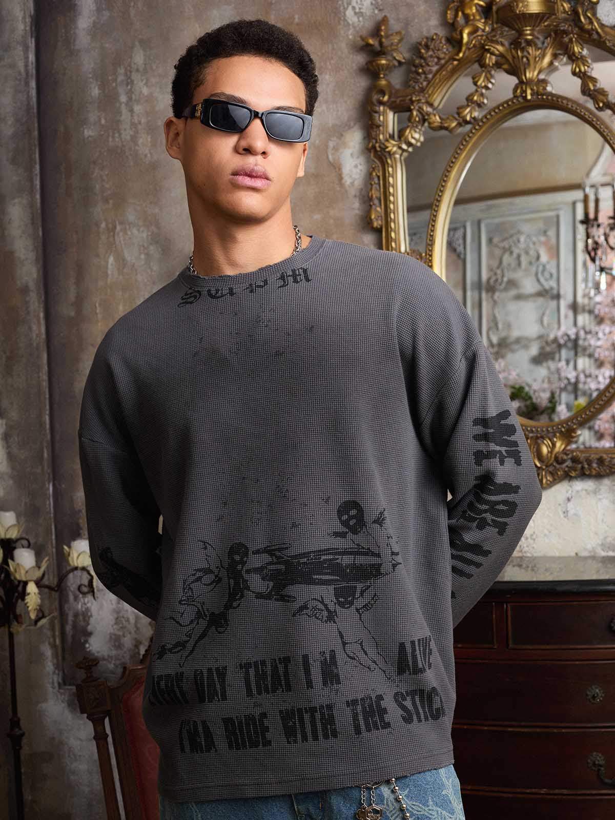 Supermade Waffle-Knit Distressed Gradient Print Long T-Shirt 