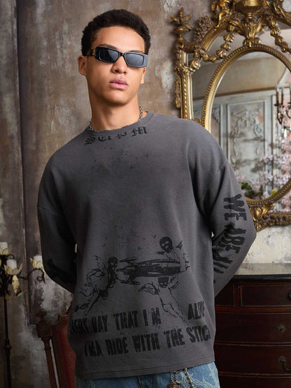 Supermade Waffle-Knit Distressed Gradient Print Long T-Shirt 