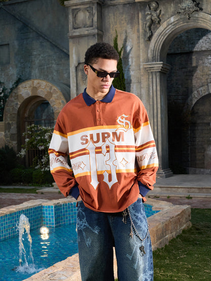 Supermade Color-Blocked Polo Collar Embroidered Print Long-Sleeved Jersey 