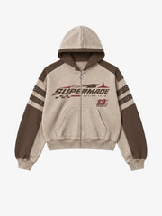 Contrast Panel Graphic Zip-Up Hoodie & Wide-Leg Sweatpants Set