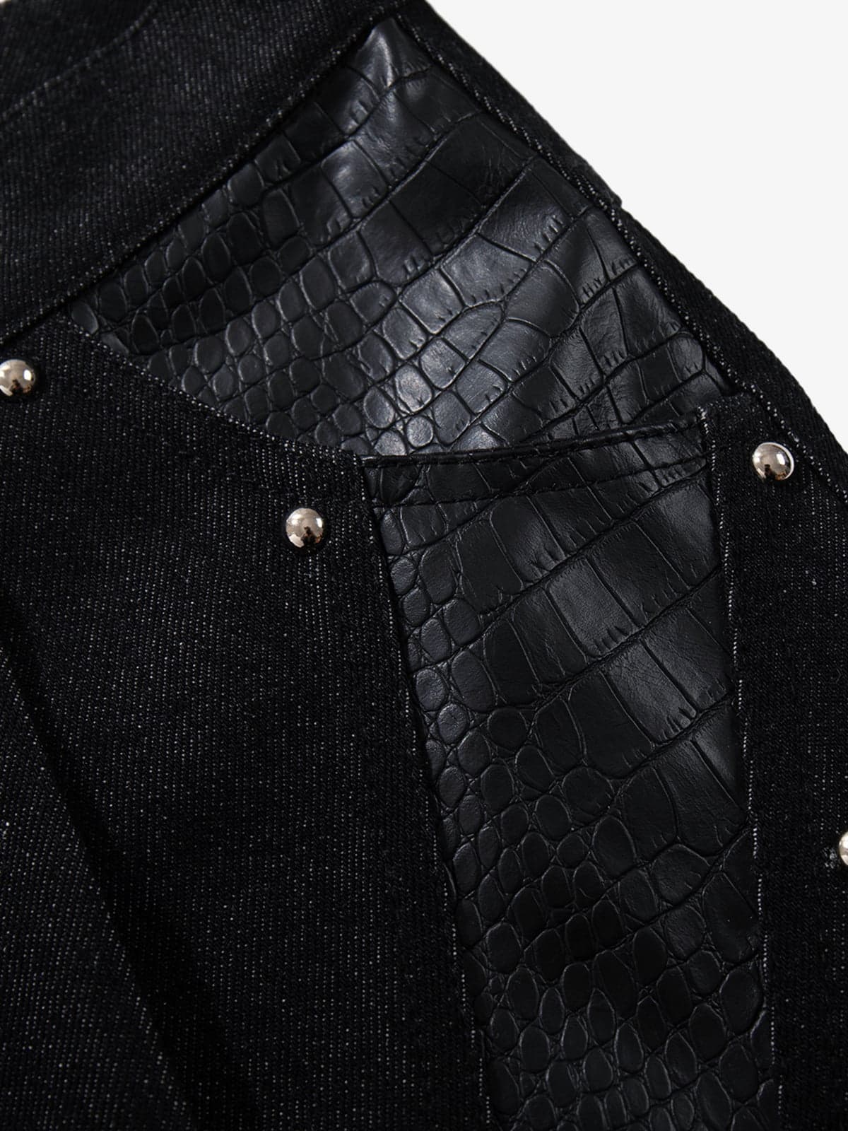 Black Denim Wide-Leg Cropped Pants with Leather Panels and Stud Details 