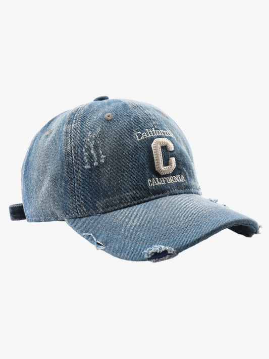 Distressed Denim Baseball Cap with Embroidered Lettering - Perfect for Casual and Sporty Looks 