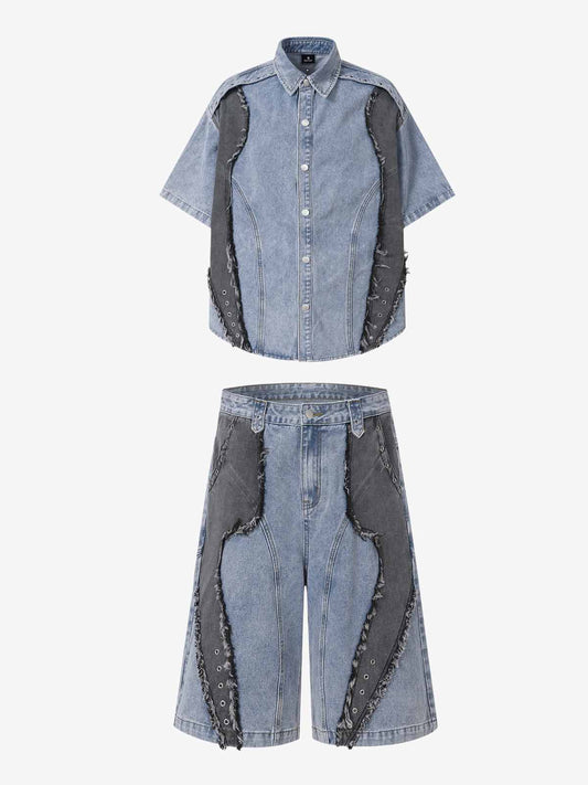 Retro Raw Edge Panelled Denim Utility Set