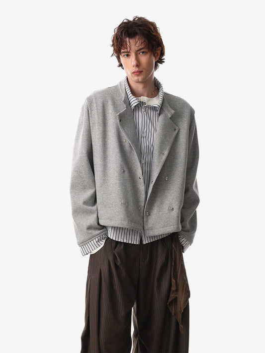 Button Detail Striped Panel Faux Layered Jacket