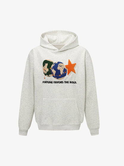 Unisex Hoodie with Embroidered Earth and Star Design - Trendy and Bold Statement Piece 