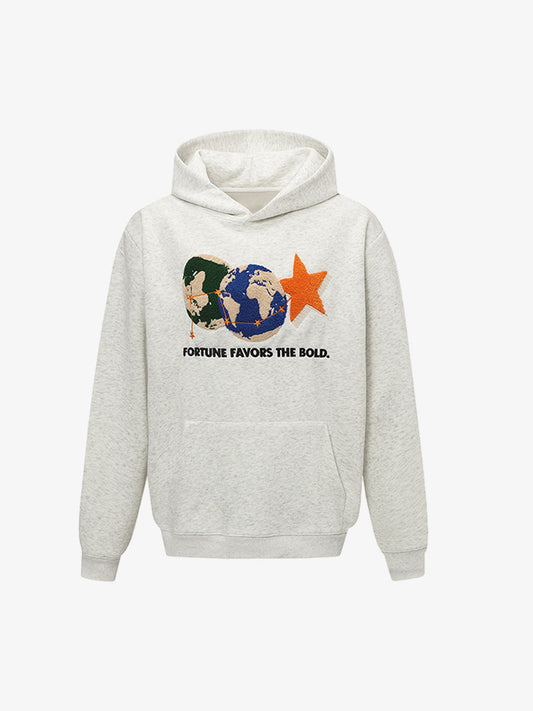 Unisex Hoodie with Embroidered Earth and Star Design - Trendy and Bold Statement Piece 