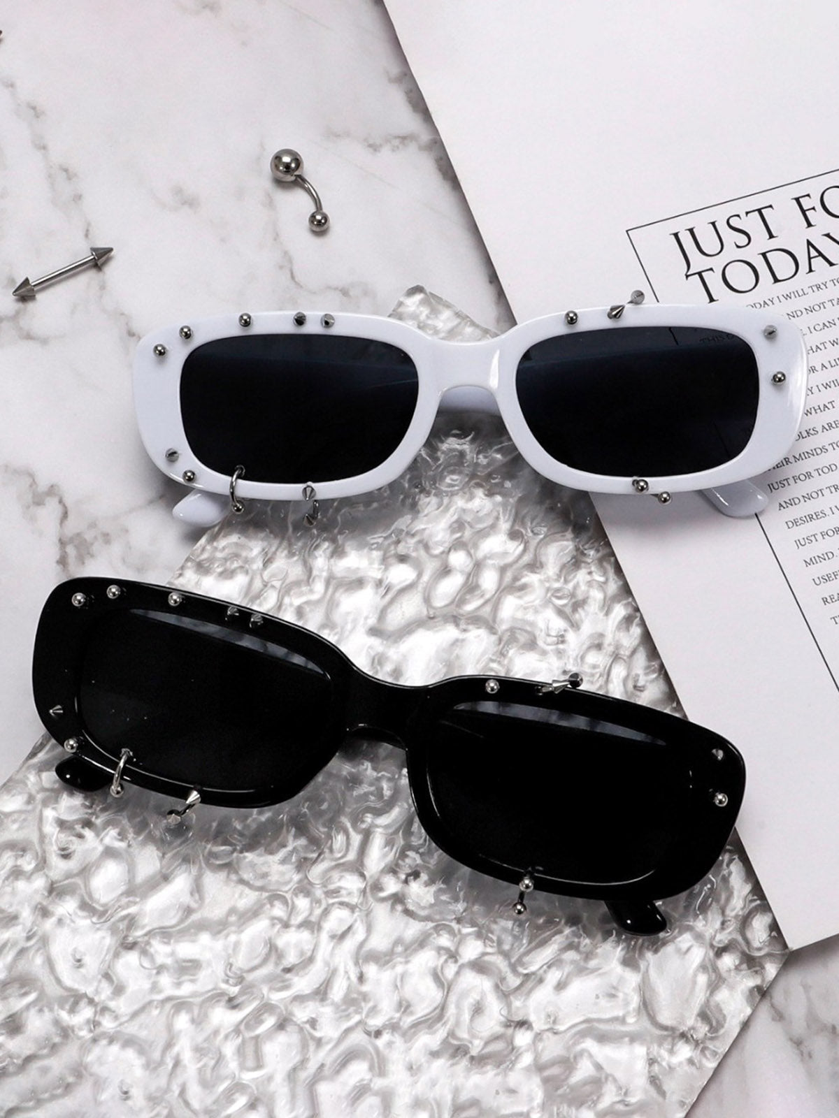 Stylish White Square Sunglasses with Studs for Summer Fashion 