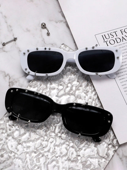 Stylish White Square Sunglasses with Studs for Summer Fashion 