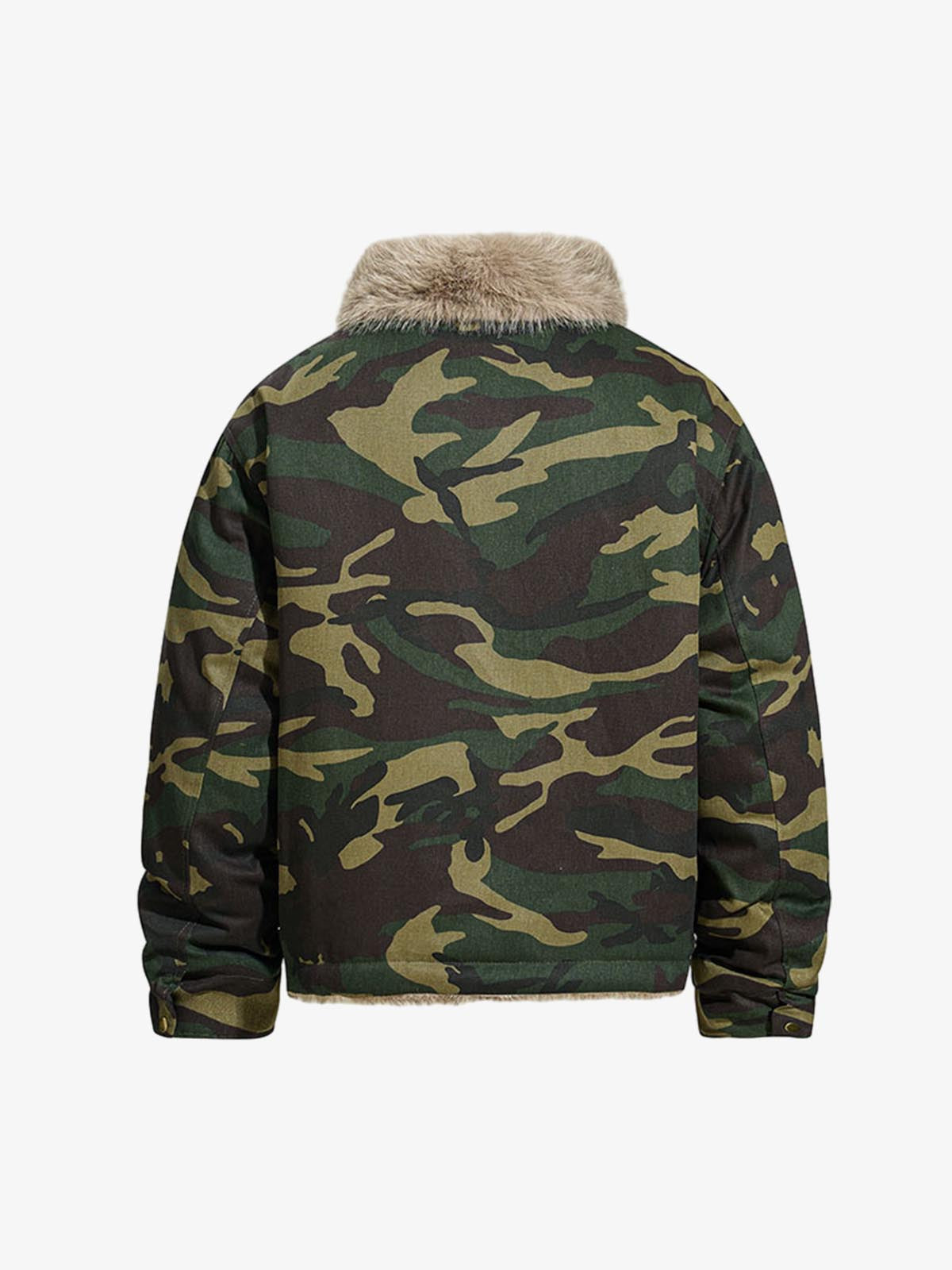 Camouflage Faux Fur Collar Multi-Pocket Utility Jacket 