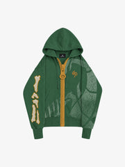 Oversized-Zip Skeleton Graphic Patchwork Hoodie
