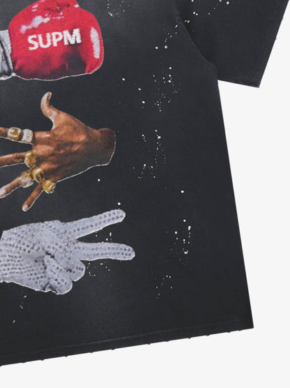 Black Distressed Graphic Tee with Boxing Glove Print – Oversized Streetwear T-Shirt