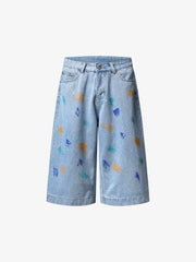Jeansshorts mit Farbspritzermuster und weitem Bein