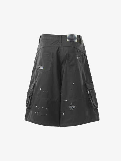 Vintage Distressed Multi Pocket Wide Leg Cargo Shorts 