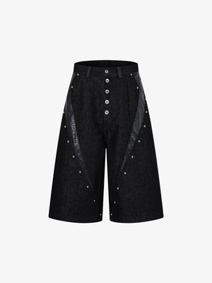 Black Denim Jacket with Croc-Embossed Trim – Metal Snap Button Streetwear Jacket