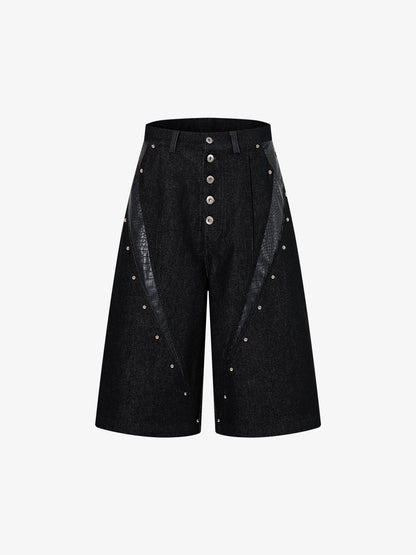 Black Denim Jacket with Croc-Embossed Trim – Metal Snap Button Streetwear Jacket