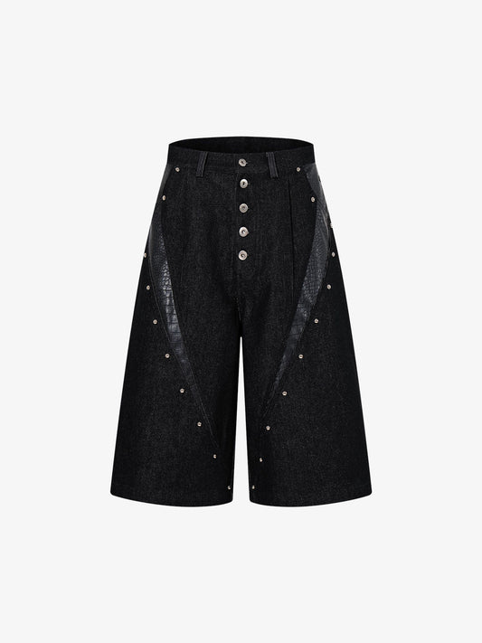 Black Denim Jacket with Croc-Embossed Trim – Metal Snap Button Streetwear Jacket