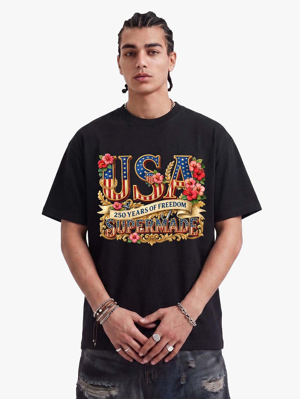 Floral USA Flag Graphic T-Shirt 