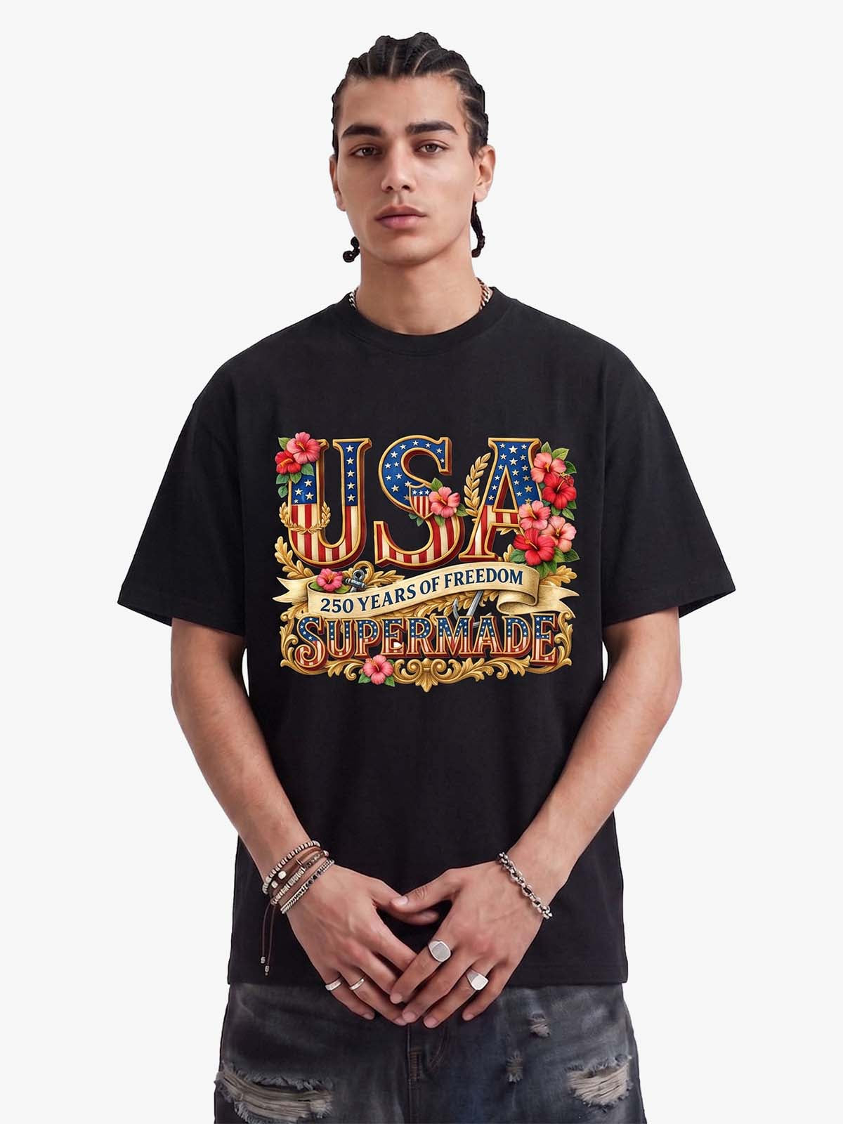 Floral USA Flag Graphic T-Shirt 