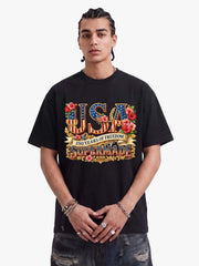 Floral USA Flag Graphic T-Shirt 