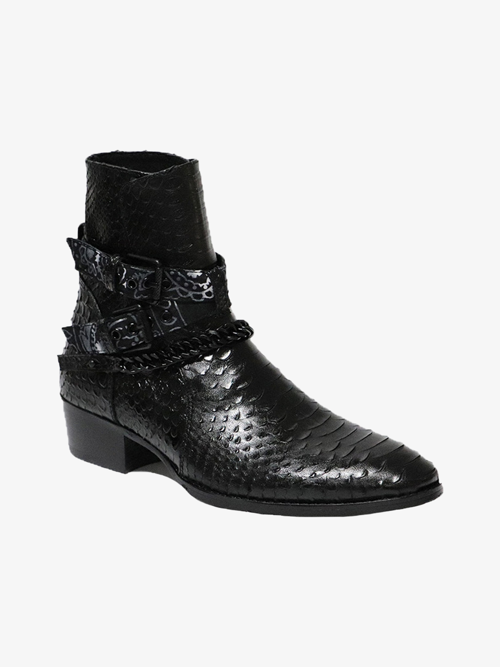Embossed Genuine Leather Buckle Ankle Boots