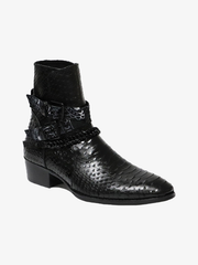 Embossed Genuine Leather Buckle Ankle Boots