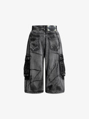 Grunge Wash Cargo Denim Shorts 