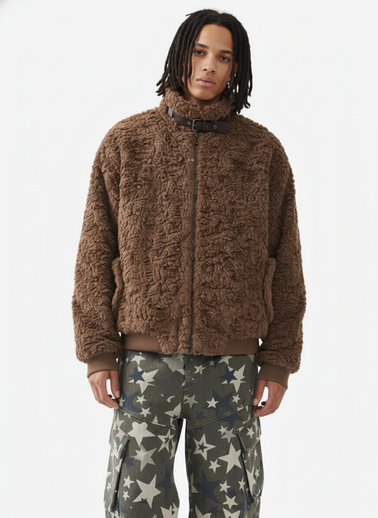 Vintage Stand Collar Sherpa Fleece Cotton Jacket 