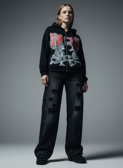 Vintage Washed Distressed Metal Ring Baggy Jeans 