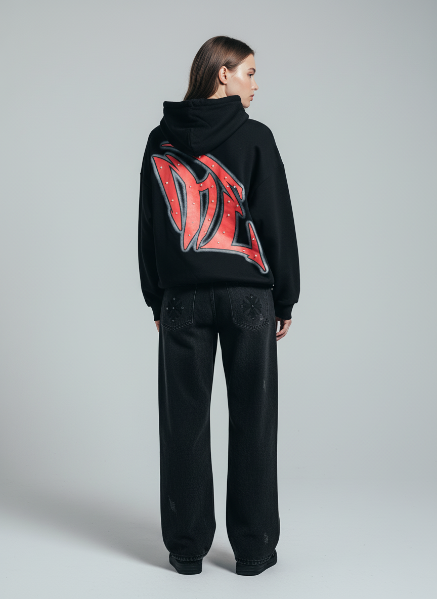 Retro Gothic Print Rhinestone Zip-Up Hoodie 