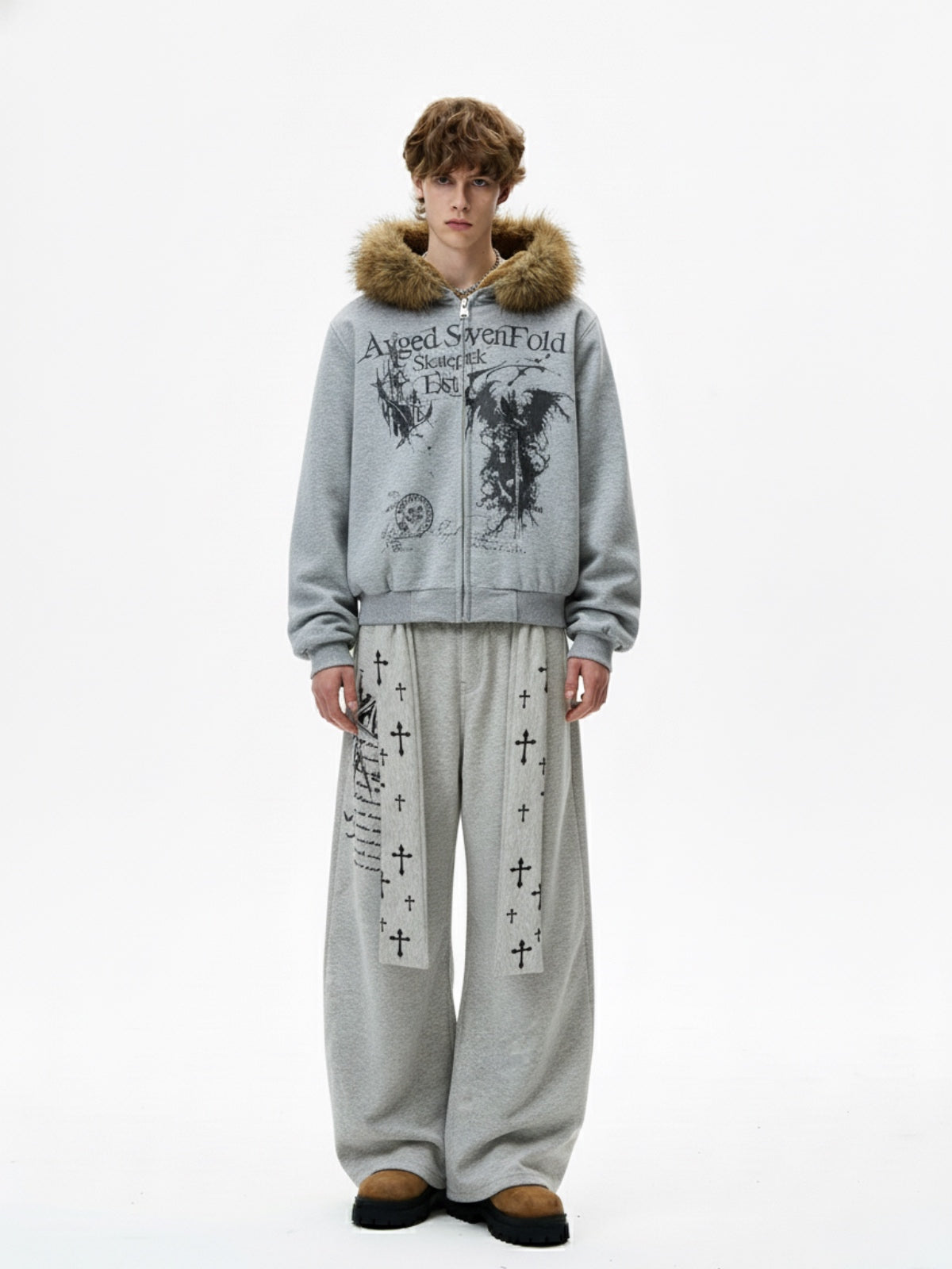 Cross Print Long Tie Detail Baggy Sweatpants 