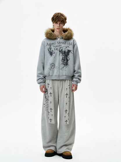 Cross Print Long Tie Detail Baggy Sweatpants 