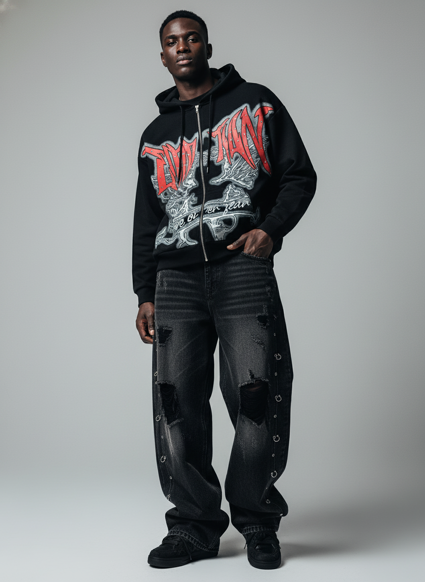 Retro Gothic Print Rhinestone Zip-Up Hoodie 