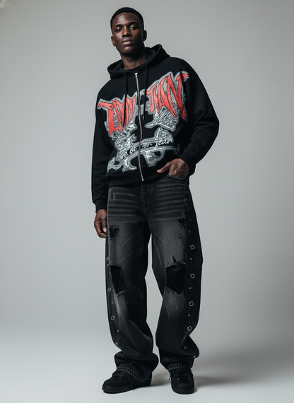 Retro Gothic Print Rhinestone Zip-Up Hoodie 