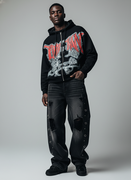 Retro Gothic Print Rhinestone Zip-Up Hoodie 