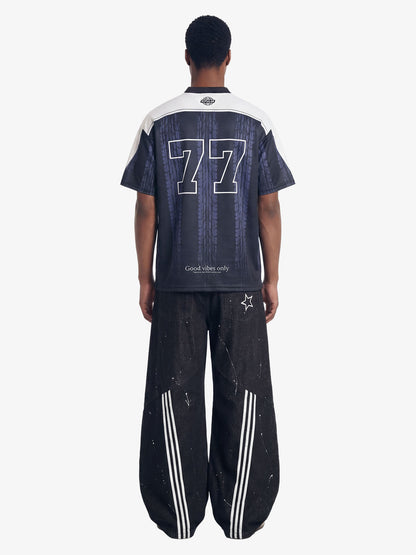 Tire Graphic “77” Patchwork Racing Blokecore V-Neck Jersey T-Shirt 