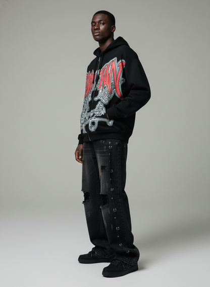 Retro Gothic Print Rhinestone Zip-Up Hoodie 