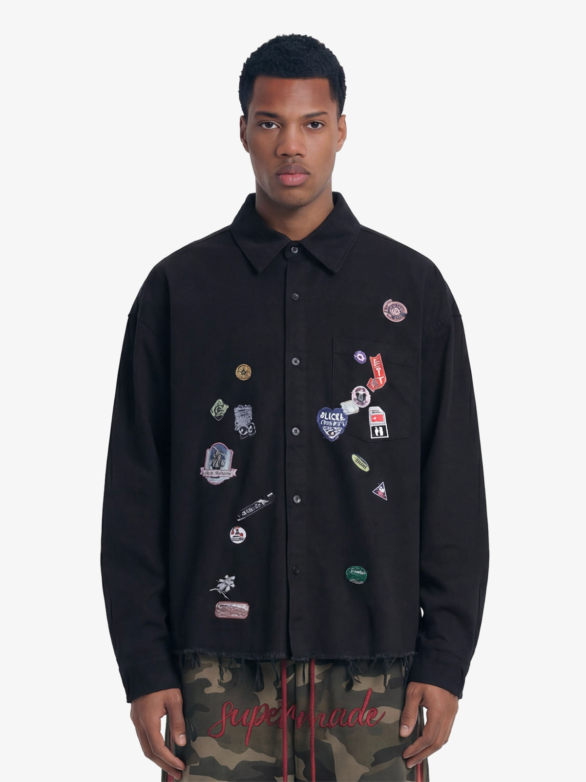 Fun Distressed Raw-Edge Printed Long-Sleeved Shirt 