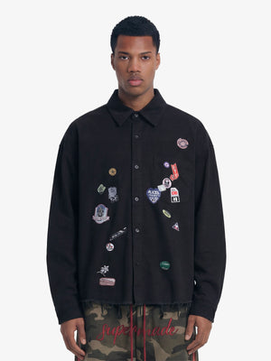 Fun Distressed Raw-Edge Printed Long-Sleeved Shirt 